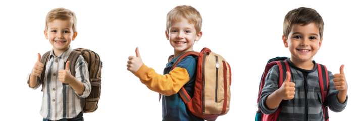 A Set of Excited Young Boy with Backpack, Heading to School Isolated on transparent Background