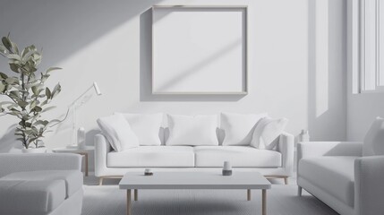 Fototapeta premium Modern room with white sofa, low coffee table, and mockup poster angled sharply for optimal ad display space.