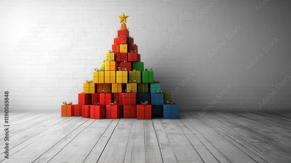Poster christmas tree made of colorful boxes on white background 3d rendering
