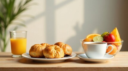 A delightful morning breakfast scene featuring freshly baked pastries, a glass of orange juice, a cup of tea, and a bowl of assorted fruits, all bathed in sunlight.