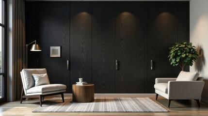 Modern minimalist living room with dark wood paneling, accent chairs, and a stylish floor rug