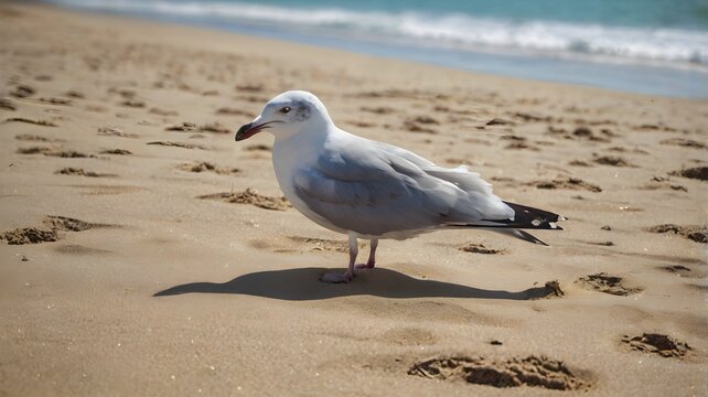 A lone seagull flying above a sandy beach - Powered by Adobe