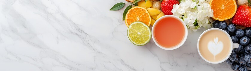 Fresh and Casual Brunch Dining with Fruits and Beverages on Table