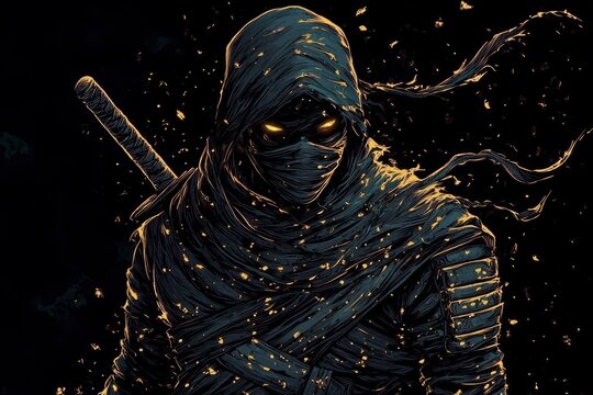 Intricate details highlight the fierce nature of this dark ninja illustration.