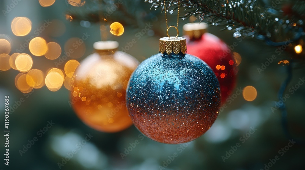 Poster christmas tree with colorful baubles and blurred lights on bokeh background