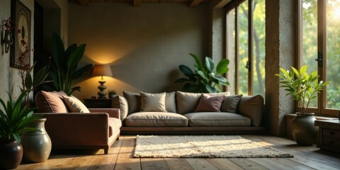 Serene Living Room Interior Design Featuring Plush Sofa, Soft Lighting, and Lush Greenery