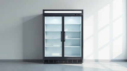 Fototapeta premium Empty commercial refrigerator with glass doors, ready for product display, in a bright minimalist interior setting