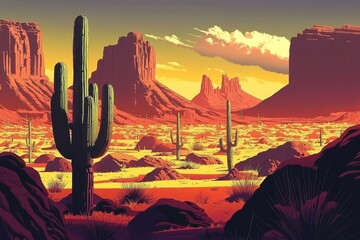 Vibrant scenery combining cacti and dramatic rock formations.