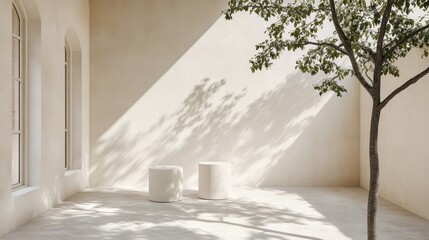 Serene Minimalist Courtyard: Sunlight Dappled Tranquility
