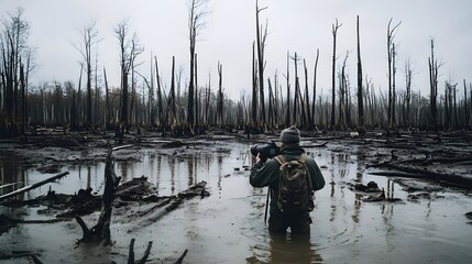 Obraz premium Individual Standing Waist Deep in a Wetland Area Surrounded by Trees, Capturing Nature Photography Amidst a Foggy Atmosphere