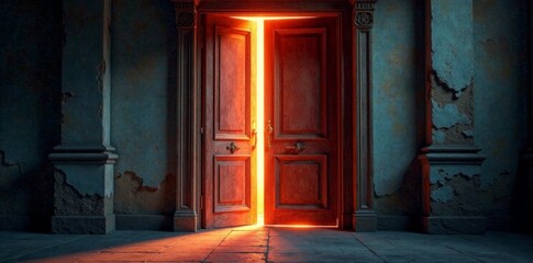 Naklejka premium Old wooden doors creak open to reveal an ethereal glow , neon, night view, smog