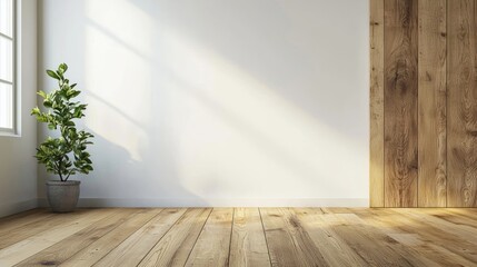 A room with a wooden headboard, white walls, and a small plant on the floor.