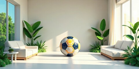 Modern living room interior design featuring a vibrant soccer ball and lush potted plants