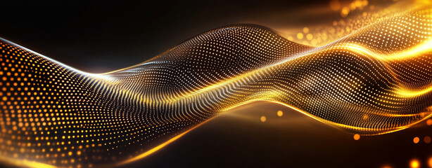 Abstract glowing golden waves with particle effect on black mesh background forming luxury modern flowing light design