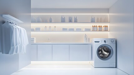 Modern Laundry Room Featuring Sleek Top-Load Washer with Bright Minimalist Aesthetic and Organized Shelves in a Contemporary Setting
