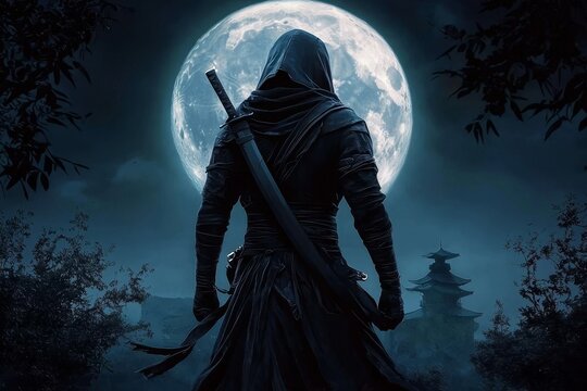 Intriguing portrayal of a ninja warrior veiled in shadow with a moonlit sky.
