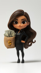 A stylish cartoon woman with  burlap sack filled with money