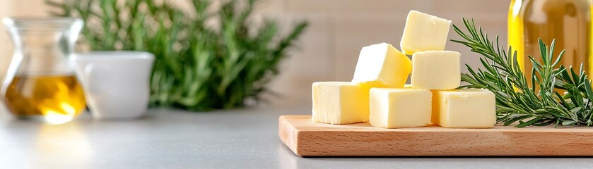 Fresh Butter and Olive Oil Surrounded by Aromatic Herbs in Kitchen