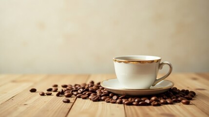 Aromatic Coffee in an Elegant Cup with Roasted Beans on a Wooden Surface