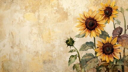 A rustic sunflower wallpaper design with a textured beige backdrop.