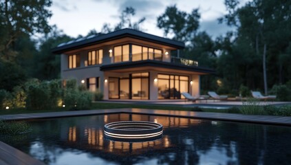 Obraz premium Modern House Design: Illuminated Pool Feature with Landscaping at Dusk