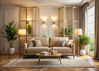 Fototapeta premium A serene beige haven: modern sofa, bright window, surreal room divider, captivating photography.