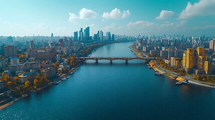 Naklejka premium Aerial city river bridge autumn cityscape panorama.