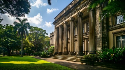Obraz premium Stunning Panoramic View of a Majestic Government Building with Tower and Lush Green Landscape Under Clear Blue Sky and Bright Sunlight