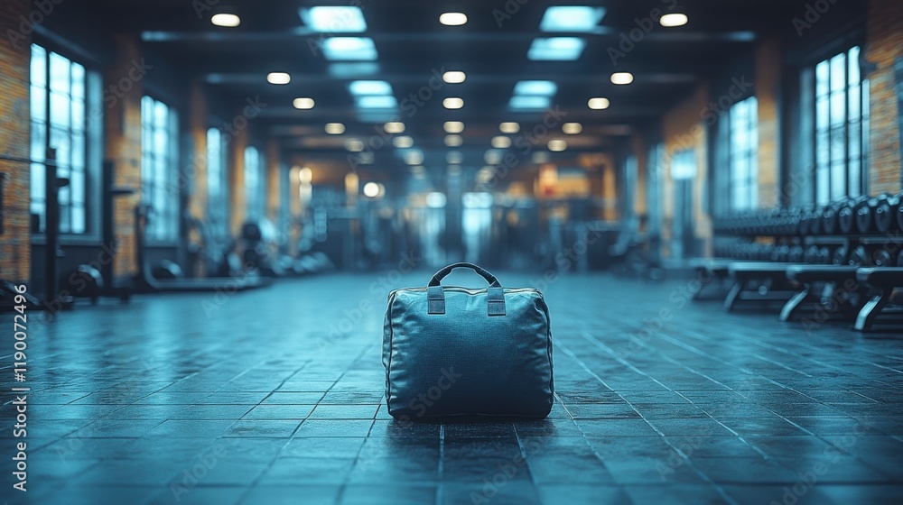 Poster close up or camera approach a bag over a bench in the gym high contrast realism realistic hd high qu