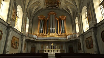 Obraz premium Grand church interior with pipe organ