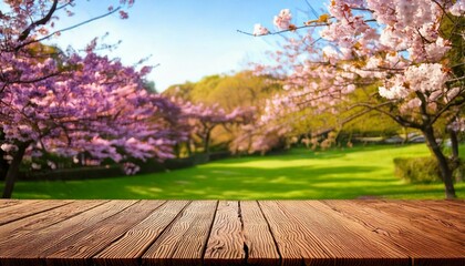 An empty wooden table set against the serene backdrop of a blooming cherry blossom park.