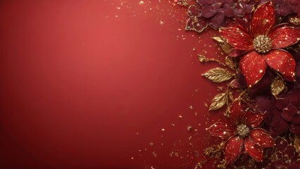 Elegant Digital Art with Red Background, Gold Glitter, and Symmetrical Red Flowers with Gold Accents