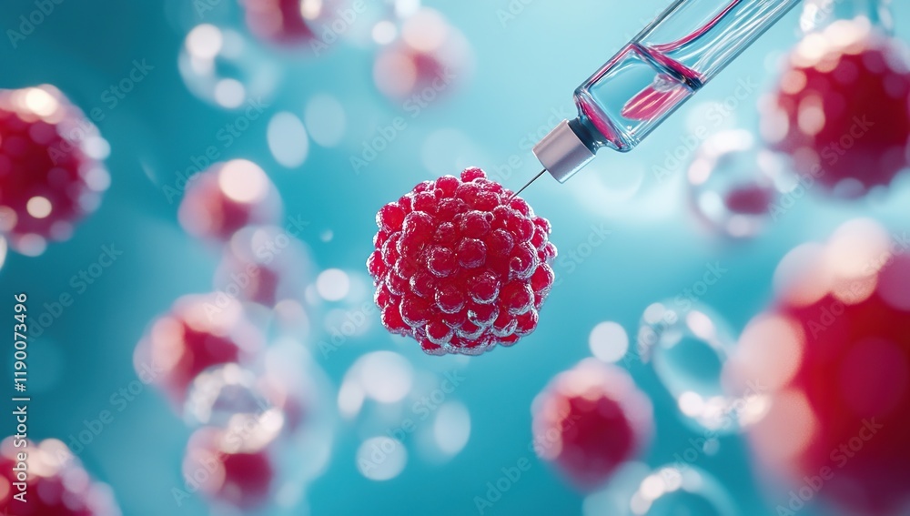 Poster microscopic cellular structures: injection syringe precisely targets a cell, advancing scientific re