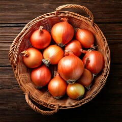 A bunch of fresh, organic yellow onions in a wicker basket. The onions are arranged neatly and have a glossy appearance.