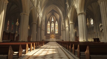 Fototapeta premium Grand cathedral interior, sunlight streams in.
