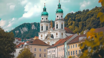 Obraz premium Twin-towered church in a city setting