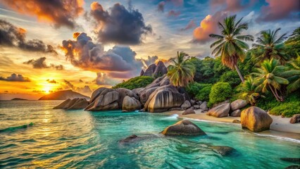 Fototapeta premium Capture the Seychelles' stunning beaches, granite boulders, and vibrant jungle. A perfect vacation souvenir.