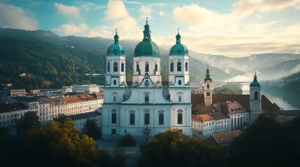 Grand Cathedral by River and Mountains
