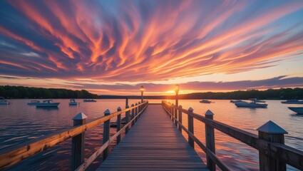 Obraz premium a serene lakeside pier stretches out into the calm water as the sky behind it erupts in a kaleidoscope of warm colors, with hues of burnt orange, pink, and purple bleeding into one another as the sun 