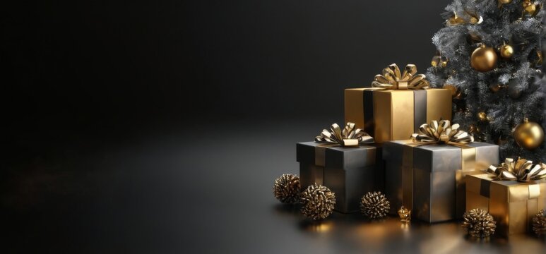 Festive 3D Rendering of Gift Boxes Pyramind with Gold Ribbons and Christmas Tree on Black Background