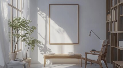 Serene Minimalist Room with Sunlight and Empty Frame