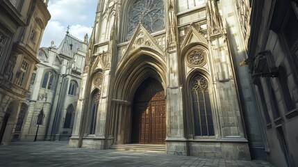 Fototapeta premium Ancient cathedral entrance and street