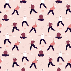 Seamless pattern with sporty granny does Yoga poses. Texture background with old person. Senior woman in pose yoga. Grandma. Multiethnic grandmother characters. Wallpaper template.