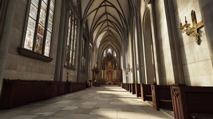 Fototapeta premium Sunlit aisle of a grand cathedral