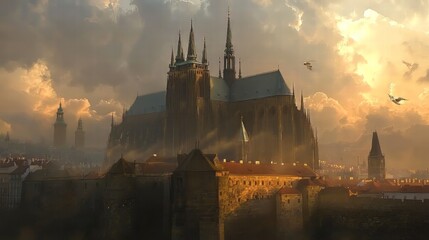 Historic city at sunset, majestic cathedral