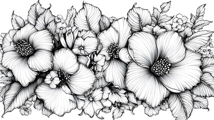 Monochrome floral illustration, botanical art, white background, wedding design.