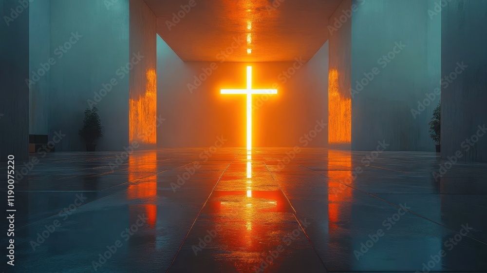 Poster conceptual image of a cross glowing in an empty white room