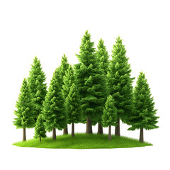 Obraz premium A cluster of vibrant green pine trees on a white isolated background.