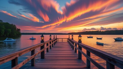 Obraz premium a serene lakeside pier stretches out into the calm water as the sky behind it erupts in a kaleidoscope of warm colors, with hues of burnt orange, pink, and purple bleeding into one another as the sun 