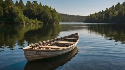 A single rowboat tied to a dock in a tranquil bay